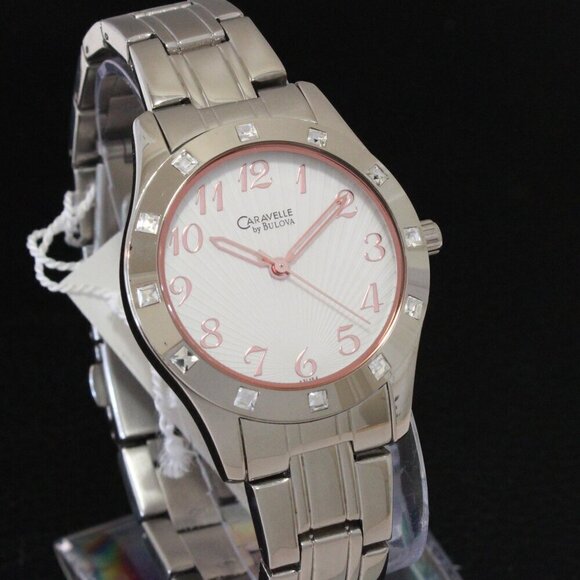 Caravelle Ladies Watch Crystal Studded Bezel Textured Dial Rose Hands 32mm main image 12